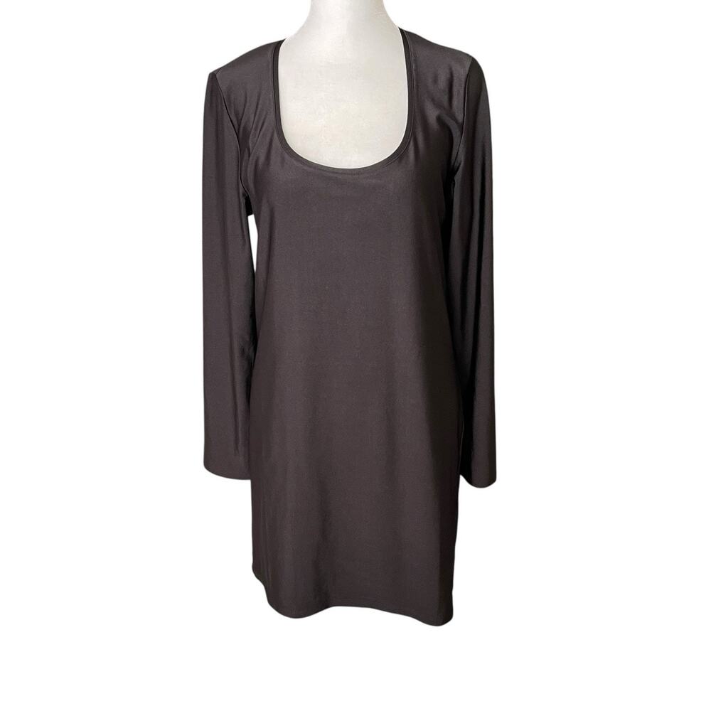 NWT H&M Womens Large Mini Dress Long Sleeve Scoop Neck Stretch Shiny Black